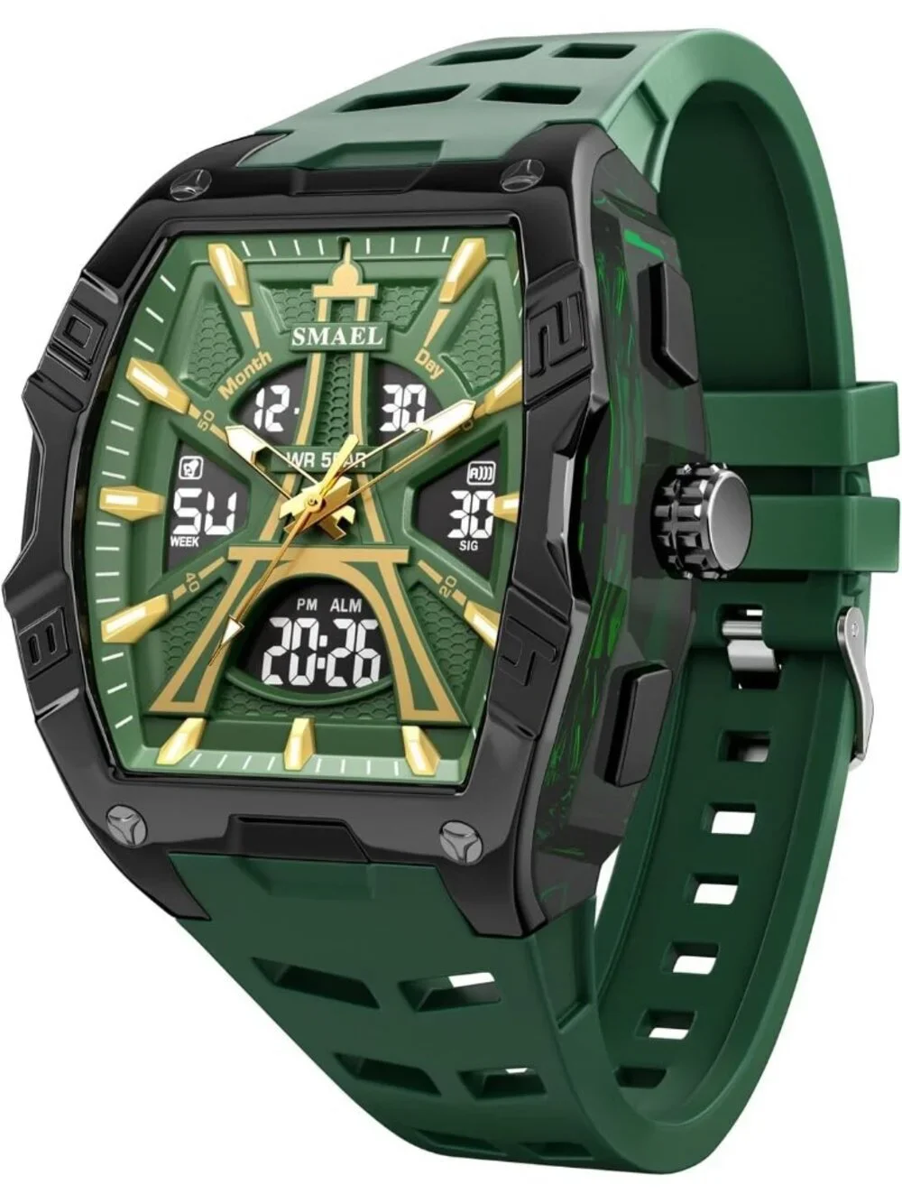 Men's Green Analog Quartz Waterproof Sports Classic Square LED Digital Watch